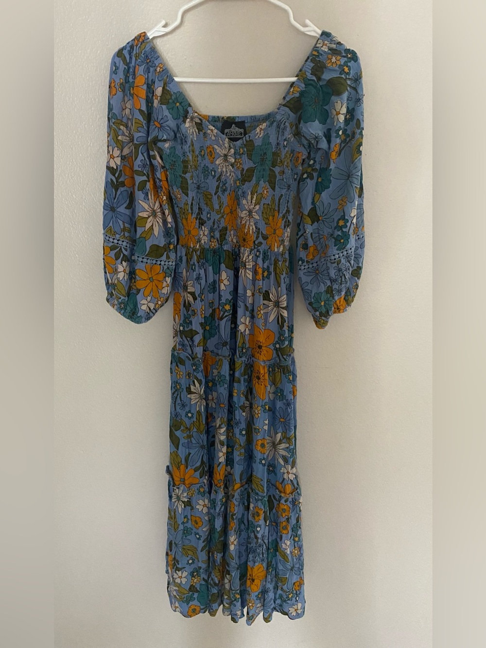 Angie Floral Smocked Floral Midi Dress tiered crochet trim puff sleeve Small - Picture 2 of 7